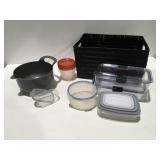 Plastic containers in a bin