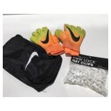 Nike soccer, goalie gloves and quick net clips