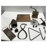Vintage coffee mill ice hooks, cowbell and more
