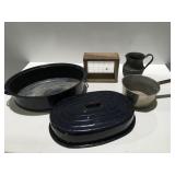 Vintage items Enamel roaster, sifter,pitcher and