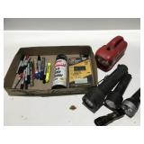 Assorted items, flashlights, chainsaw chains,