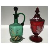 2  hand painted colored glass items