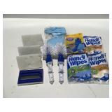 Cleaning items, handy wipes, rubber gloves, and