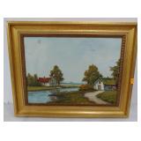 O/C 2 houses by a river scene