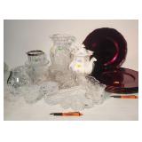 Lot of crystal, laquered plate,& ironstone pitcher