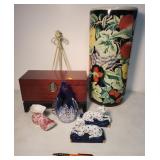 Umbrella holder, easel, misc. glass, & wood box