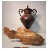 2 wood carved fish & metal vessel