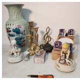Box lot brass candlesticks, Asian vase, & lot
