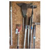 2 Hoes, Post Hole Digger, Wooden Duck, Sm. Shovel