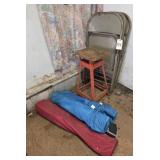 QTY 3 Metal Chains, 4 Fold Out Chairs, Stool