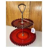 Cranberry glass ruffle edge, two tier