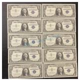 Group of 10 1957 a silver certificates with Group of 10 1957 a silver certificates with