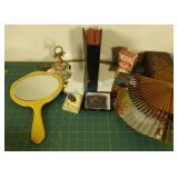 Dresser items, tramp art box, perfume bottle more Dresser items, tramp art box, perfume bottle more