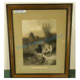 Antique picture life's morning girl with hen and Antique picture life's morning girl with hen and