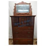 Antique oak gentleman's highboy dresser w mirror Antique oak gentleman's highboy dresser w mirror