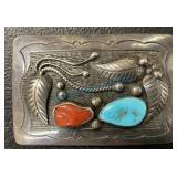 Navajo silver turquoise and coral belt buckle Navajo silver turquoise and coral belt buckle