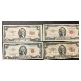1953 red seal US Bank notes two dollar bills ,4pcs 1953 red seal US Bank notes two dollar bills ,4pcs