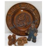 Carved wood pieces, shoes, elephant bracelet Carved wood pieces, shoes, elephant bracelet