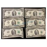 Group of six 1976 two dollar bills Group of six 1976 two dollar bills