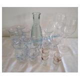 Wine, pitcher, shot glasses, glasses Wine, pitcher, shot glasses, glasses