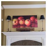 Apples on Canvas, Lamp Pair, & Decor on Mantle