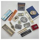 Lot w/ Belt Buckles, Money Clips, & Pens