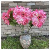 Ceramic Cat Vase w/Large Silk Dahlias