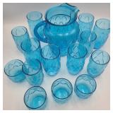 Blue Diamond Quilt Pitcher, Glass, & Tumblers