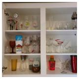 Contents of Cabinet w/ Barware, Cups, & Shaker