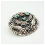 Turquoise & Coral Inlaid Eagle Belt Buckle