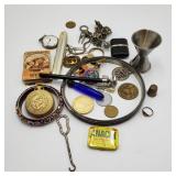 Lot of Pocket Watches, Trinkets, and Shot Cup