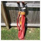 Set of Vintage Golf Clubs in Red Bag