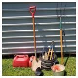 Lot of Gardening Tools w/ Fuel Cans Lot of Gardening Tools w/ Fuel Cans