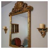 Gold Tone Mirror w/ Wall Sconce Pair
