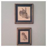 Small Durer Owl & Hare Art Pair