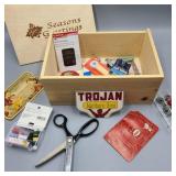 Wood Box of Sewing Notions & Wiss Shears