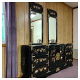 Vintage Black Lacquer Dresser w/ Twin Mirrors