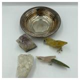 Silver plate Dish, Crystal, & Other Rocks