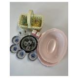 Salt/Peppers, Pansy Plate, & Pink Plasticware Lot