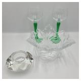 Green Stemware w/ Leaf Dish Lot