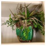 Green Glaze Pottery Planter w/ Faux Plants Green Glaze Pottery Planter w/ Faux Plants
