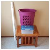 Household Lot w/ Pink Hamper & Worn Table