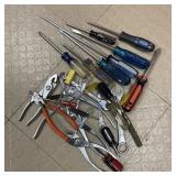 Lot of Screwdrivers, Pliers in Plastic Container