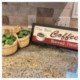 Coffee Sign w/ Faux Plants in Basket