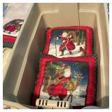 6 Christmas Pillows in Tub w/ Green Lid