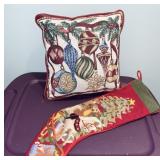 Christmas Tapestry Pillow w/ Needlepoint Stocking