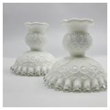 Pair of Fenton White Ruffled Candle Holders