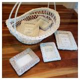 White Wicker Basket w/ Wicker Picture Frames