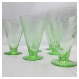 Set of 6 Footed Green Depression Glass