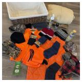 Basket of Hunting Vests, Socks, Gloves, Hats